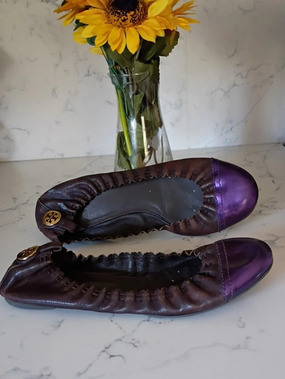 Tory Burch Brown Leather Ballet Flats with Metallic Purple Toe